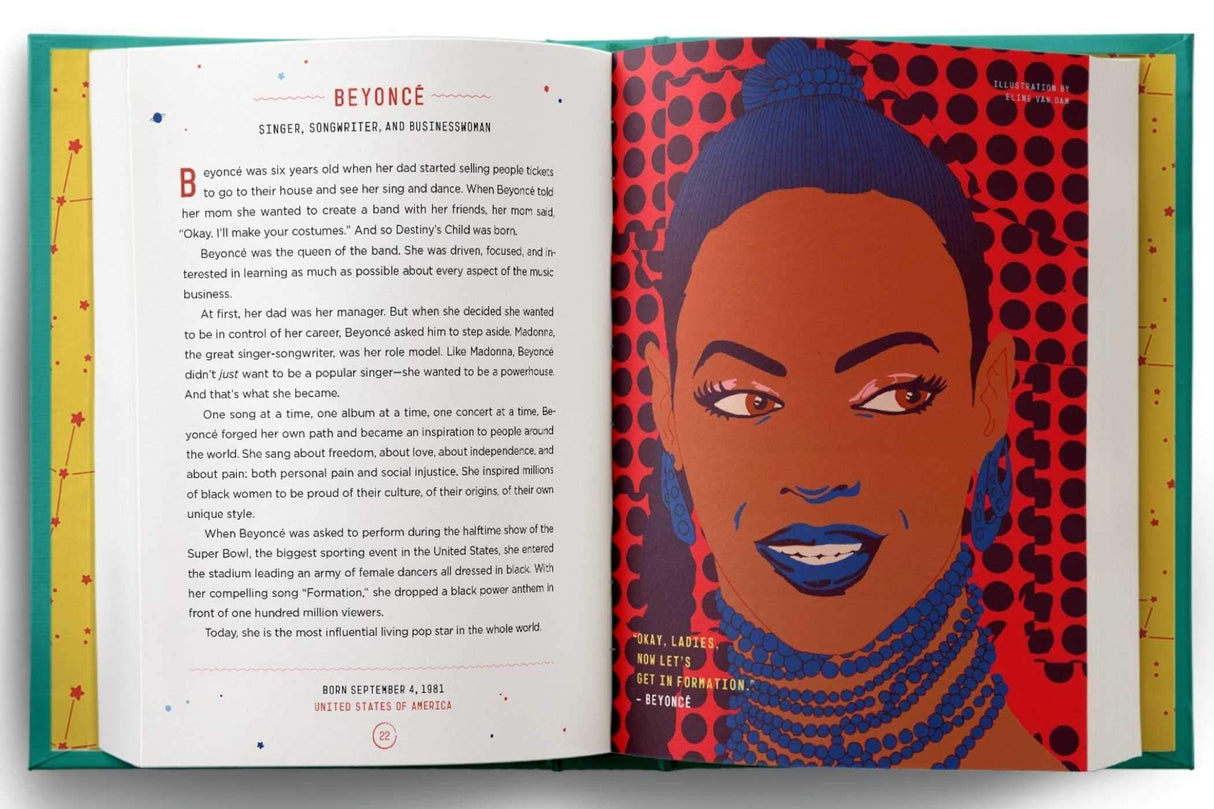 Good Night Stories For Rebel Girls 2 open to colorful Beyoncé portrait and inspiring story for children.