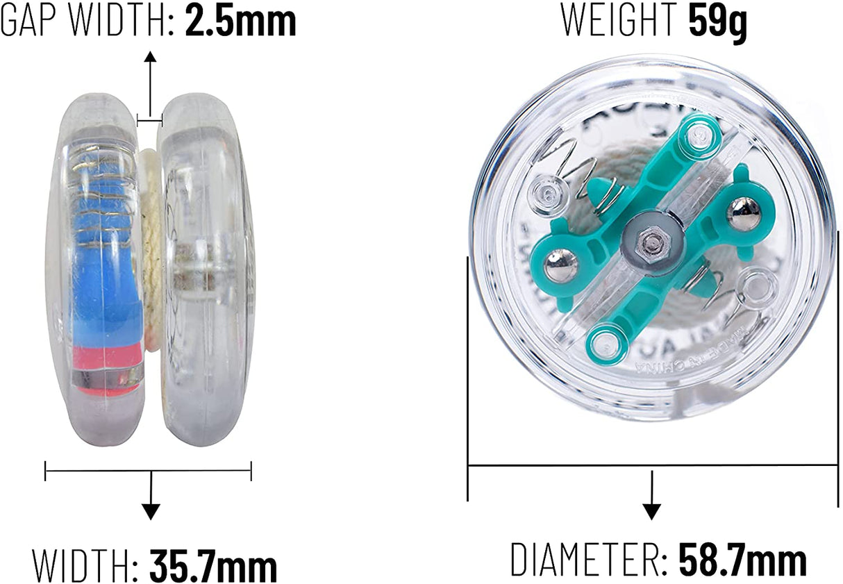 Yoyo | Brain showing clear plastic design and internal clutch system with dimensions for beginner players.