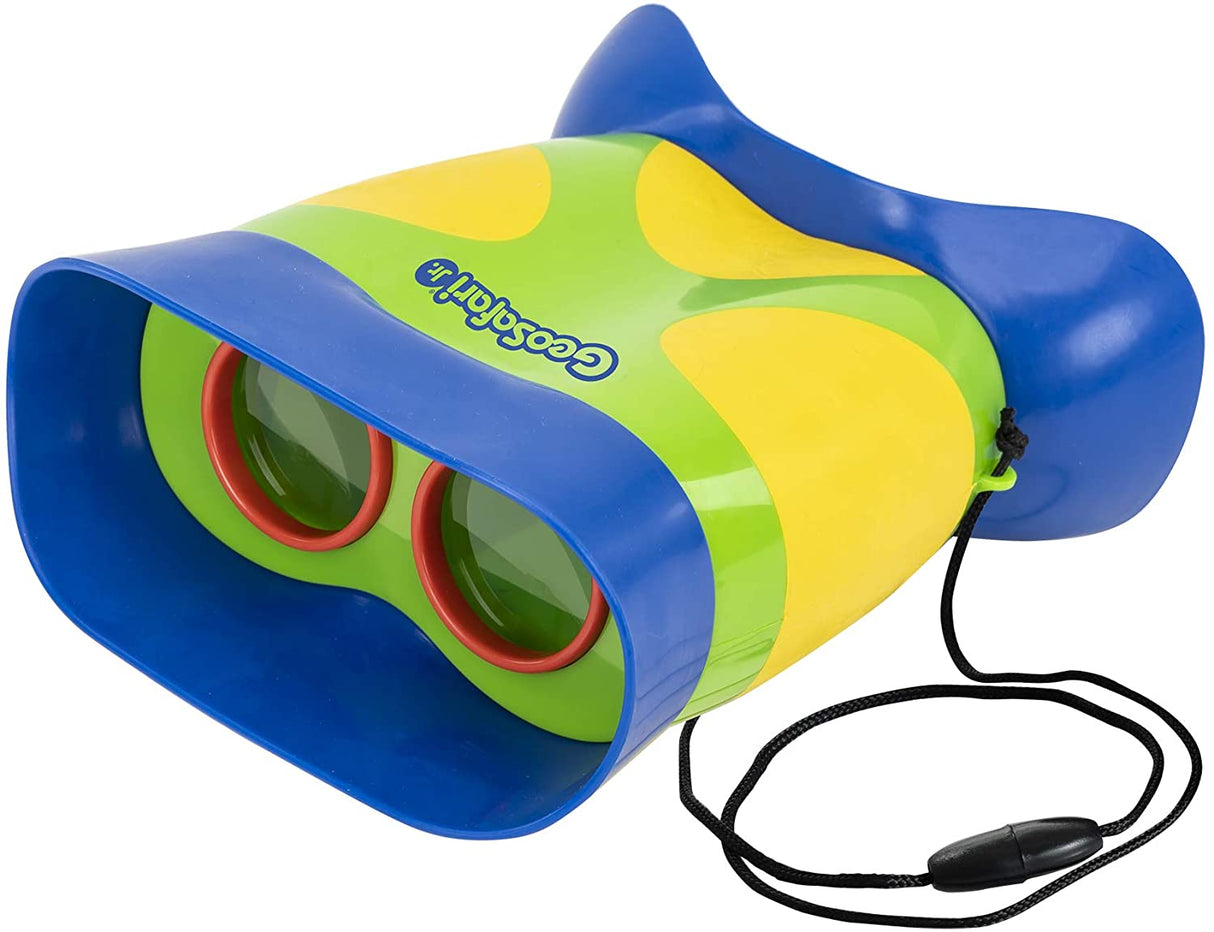 Kidnoculars Binoculars in blue and green with enlarged eyepieces and breakaway neck strap for kids' outdoor exploration.