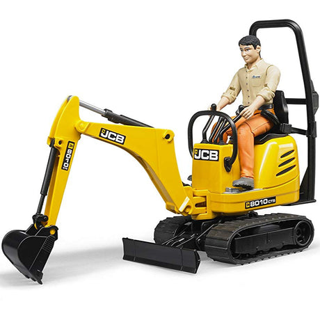JCB Micro Excavator 8010 CTS toy with fully functioning arm, crawler tracks, plough blade, and seated figure.