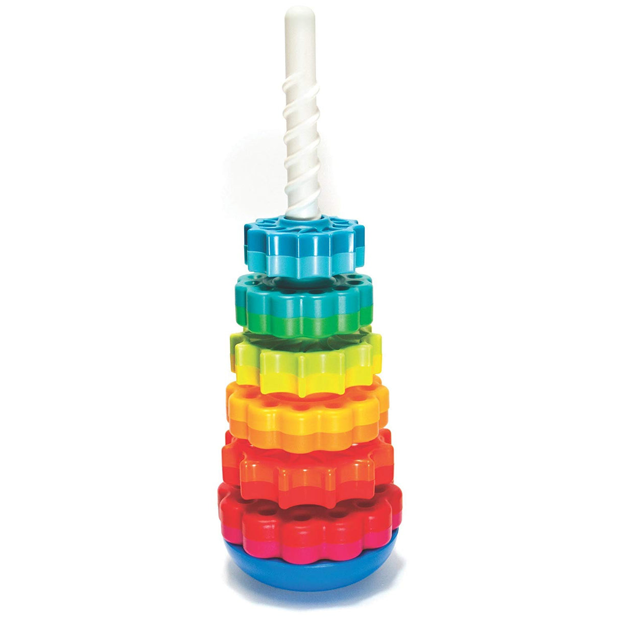 SpinAgain stacking toy with vibrant, star-shaped discs on a corkscrew pole and reversible wobble base for toddlers.