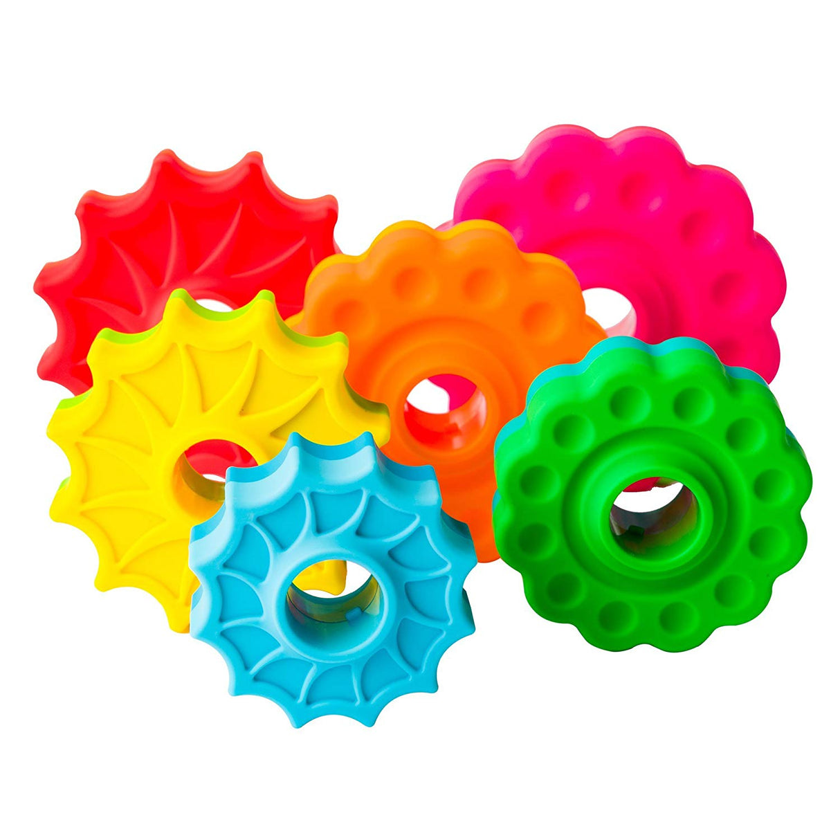 SpinAgain colorful star-burst and daisy-shaped stacking discs in vibrant red, orange, yellow, green, blue, and pink for toddlers.