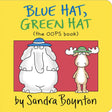 Blue Hat Green Hat book cover with cartoon elephant and moose wearing blue and green hats on yellow background.