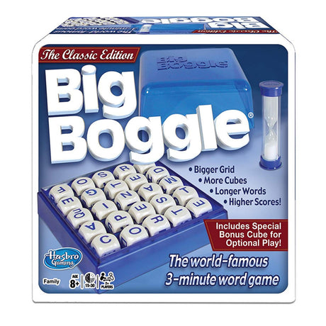 Big Boggle classic word game with bigger grid, letter cubes, timer, and bonus cube for longer words and high scores.