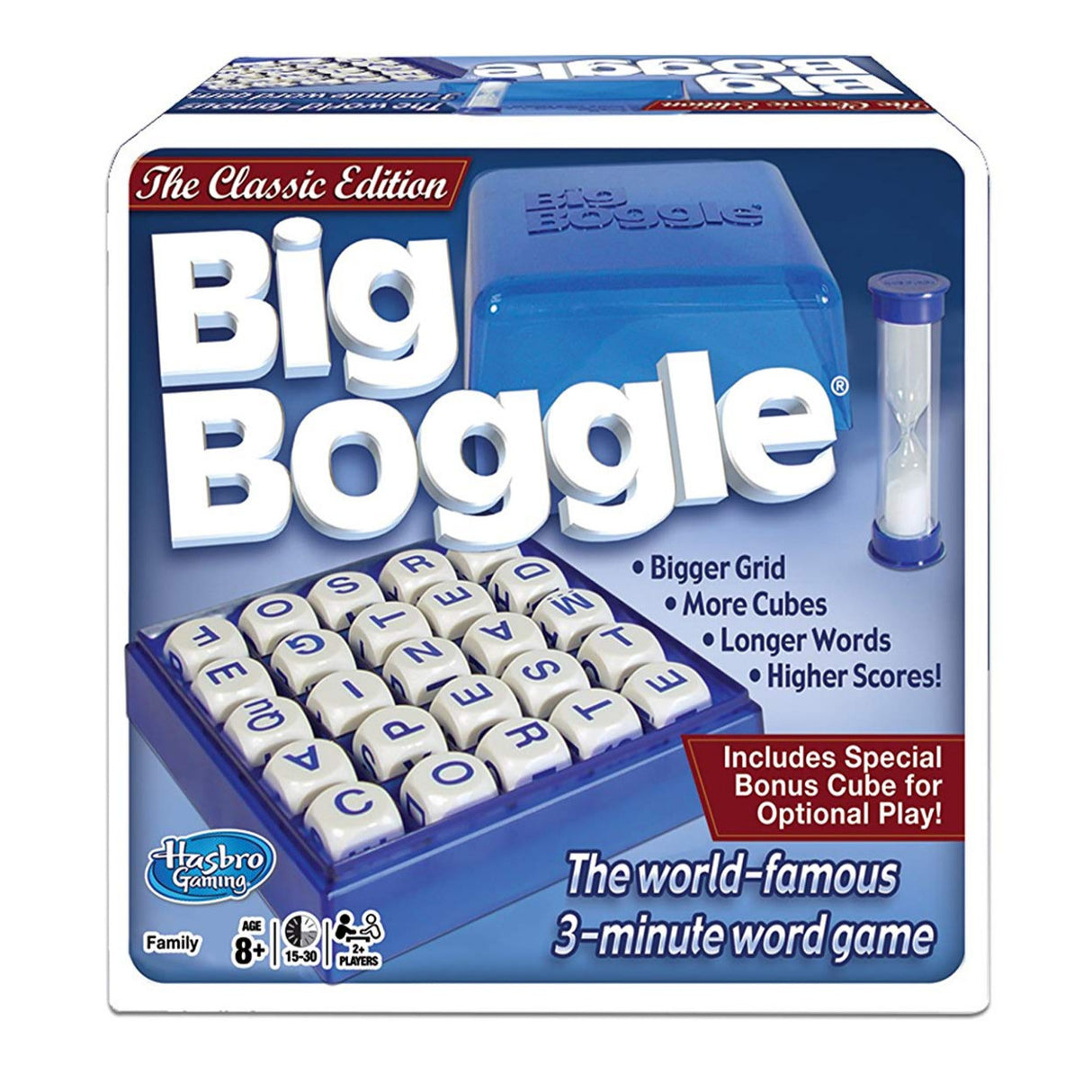 Big Boggle classic word game with bigger grid, letter cubes, timer, and bonus cube for longer words and high scores.