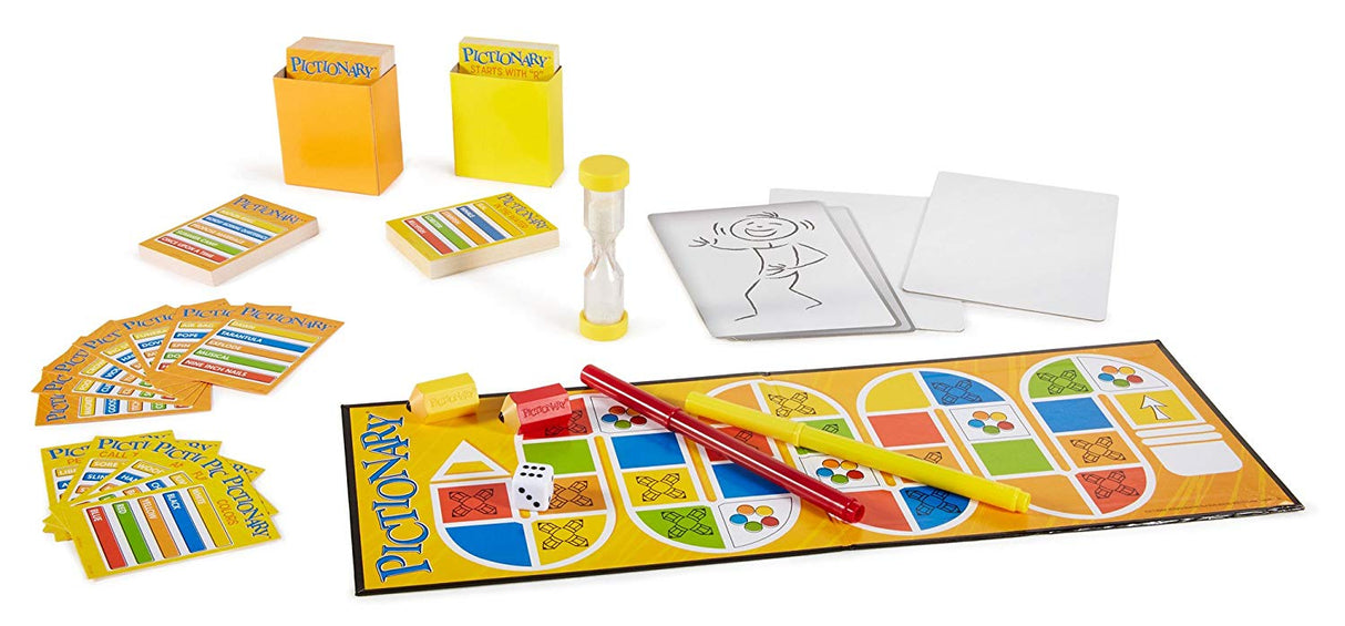 Pictionary game set with dry erase boards, markers, timer, game cards, and colorful board for fun drawing challenges.
