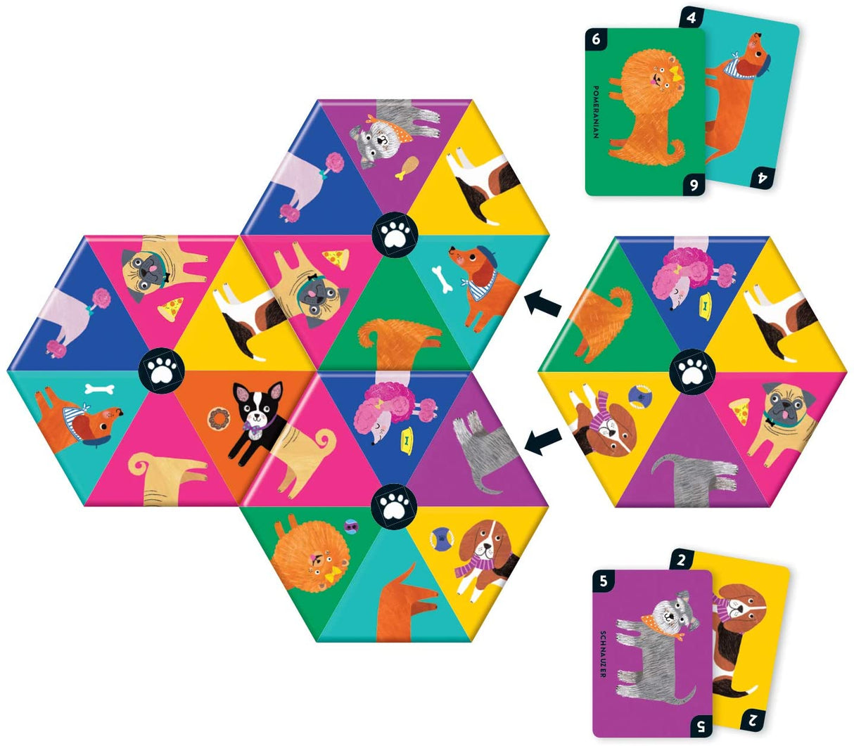 Mix the Mutts! game showing colorful hexagon tiles and cards with mixed dog heads and tails for family fun.