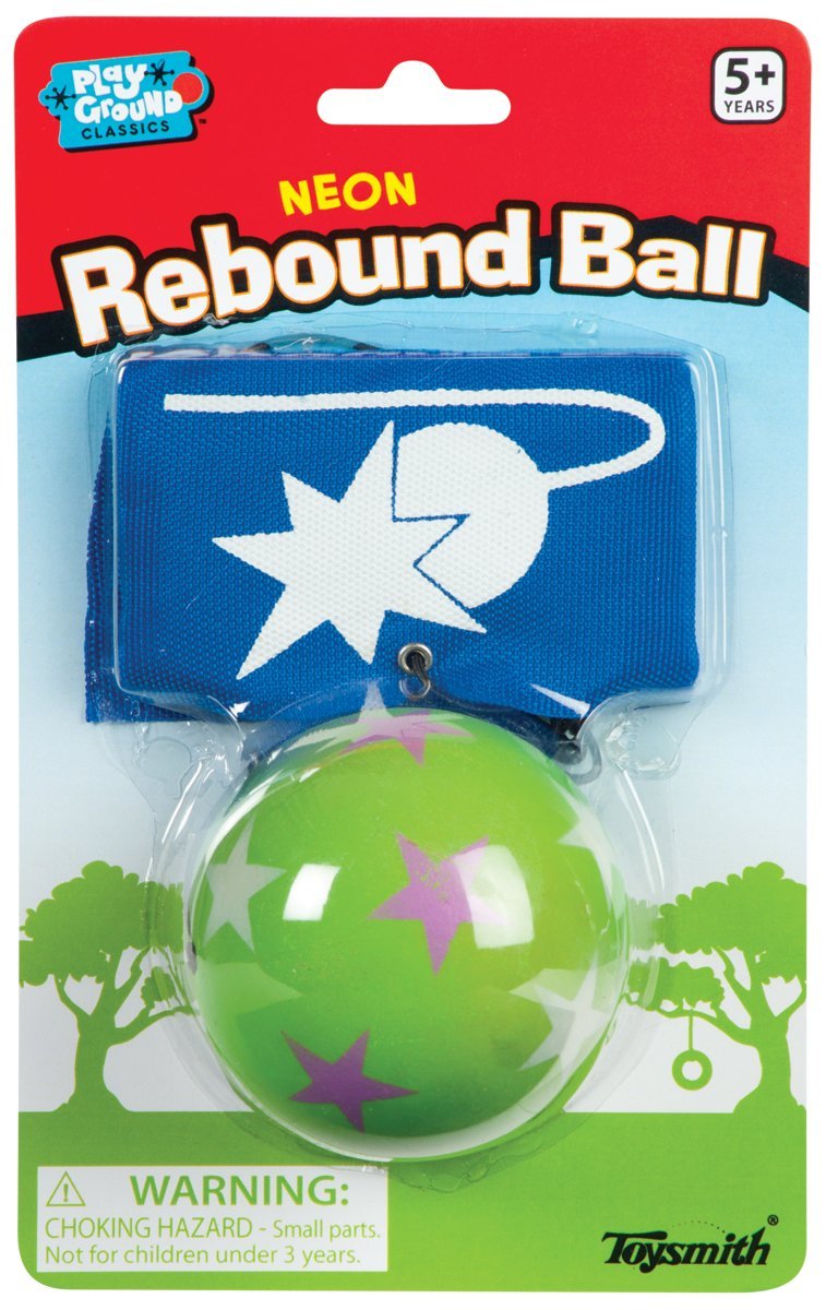Rebound Ball with neon green star design, soft foam ball, and blue Velcro wrist bracelet for ages 5 and up.