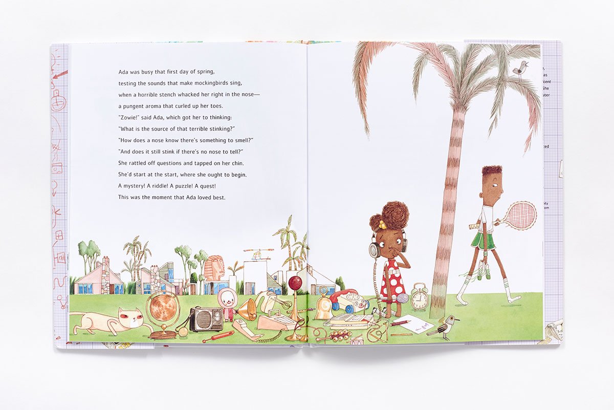 Ada Twist, Scientist book spread featuring children exploring and investigating outdoors with palm trees and scientific tools.