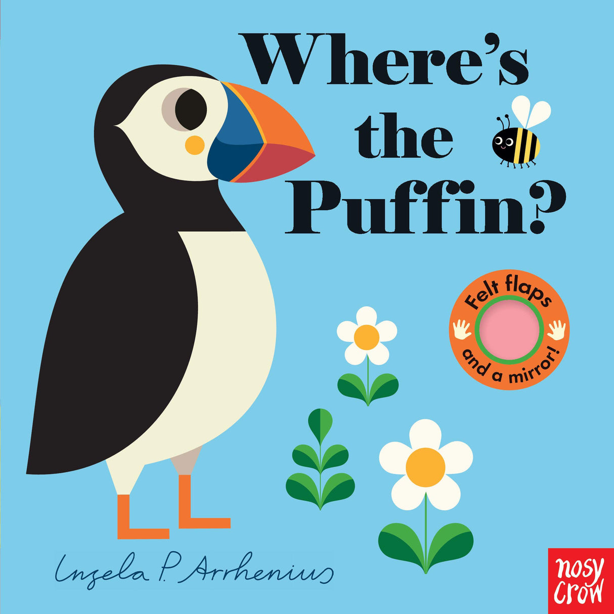 Where’s the Puffin? board book cover featuring a colorful puffin illustration with felt flaps and a mirror for toddlers.