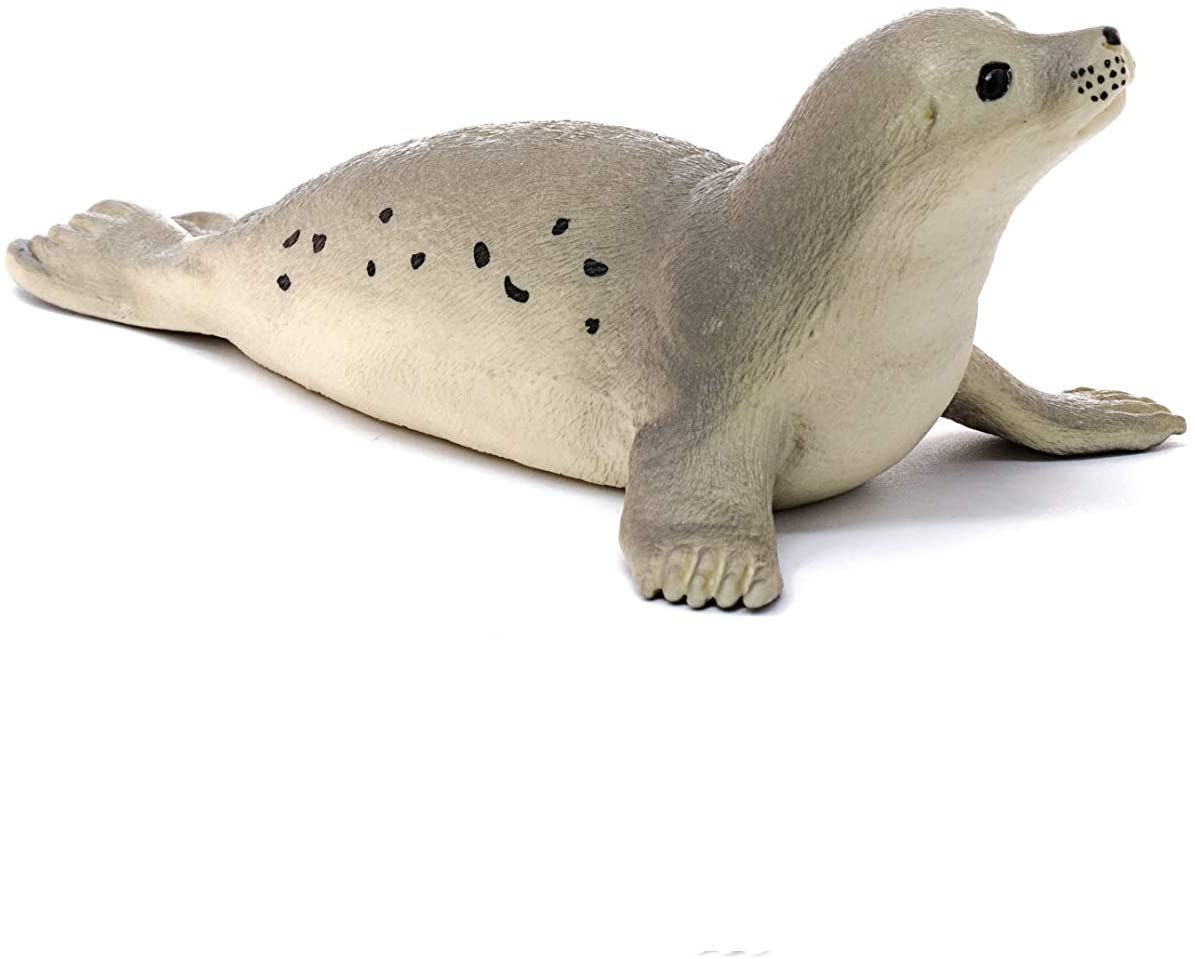 Seal figurine with realistic gray and white coloring and black spots, measuring 4.41 x 2.56 x 1.65 inches.