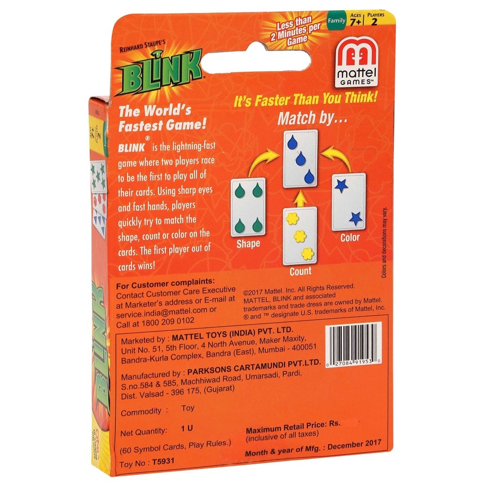 Blink game packaging showing instructions for matching cards by shape, count, or color in this fast two-player card game.