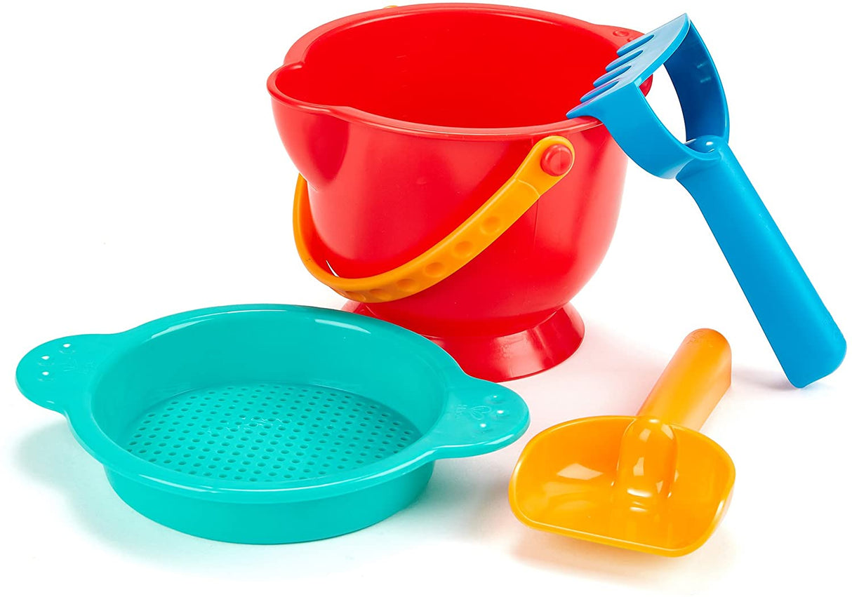 Beach Basics 4pc Set with red bucket, blue rake, yellow shovel, and teal sand sieve for creative beach play.