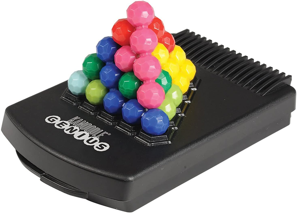 Kanoodle Genius puzzle game with colorful 3D pieces stacked on a black case for advanced challenges.
