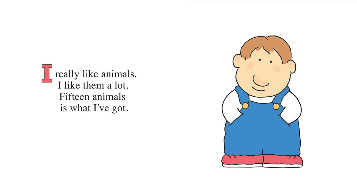 Illustration of a smiling boy in blue overalls from the board book Fifteen Animals by Sandra Boynton.