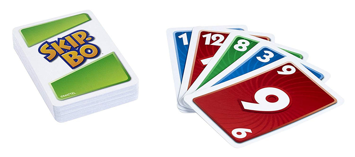 Skip-Bo card game showing a deck with colorful numbered cards for sequencing and strategic play.