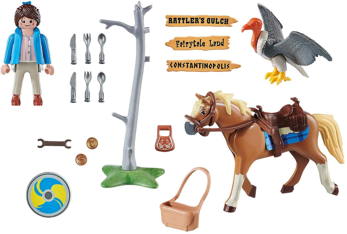 Playmobil:The Movie Marla with Horse playset featuring Marla figure, horse, vulture, accessories, and adventure signs.
