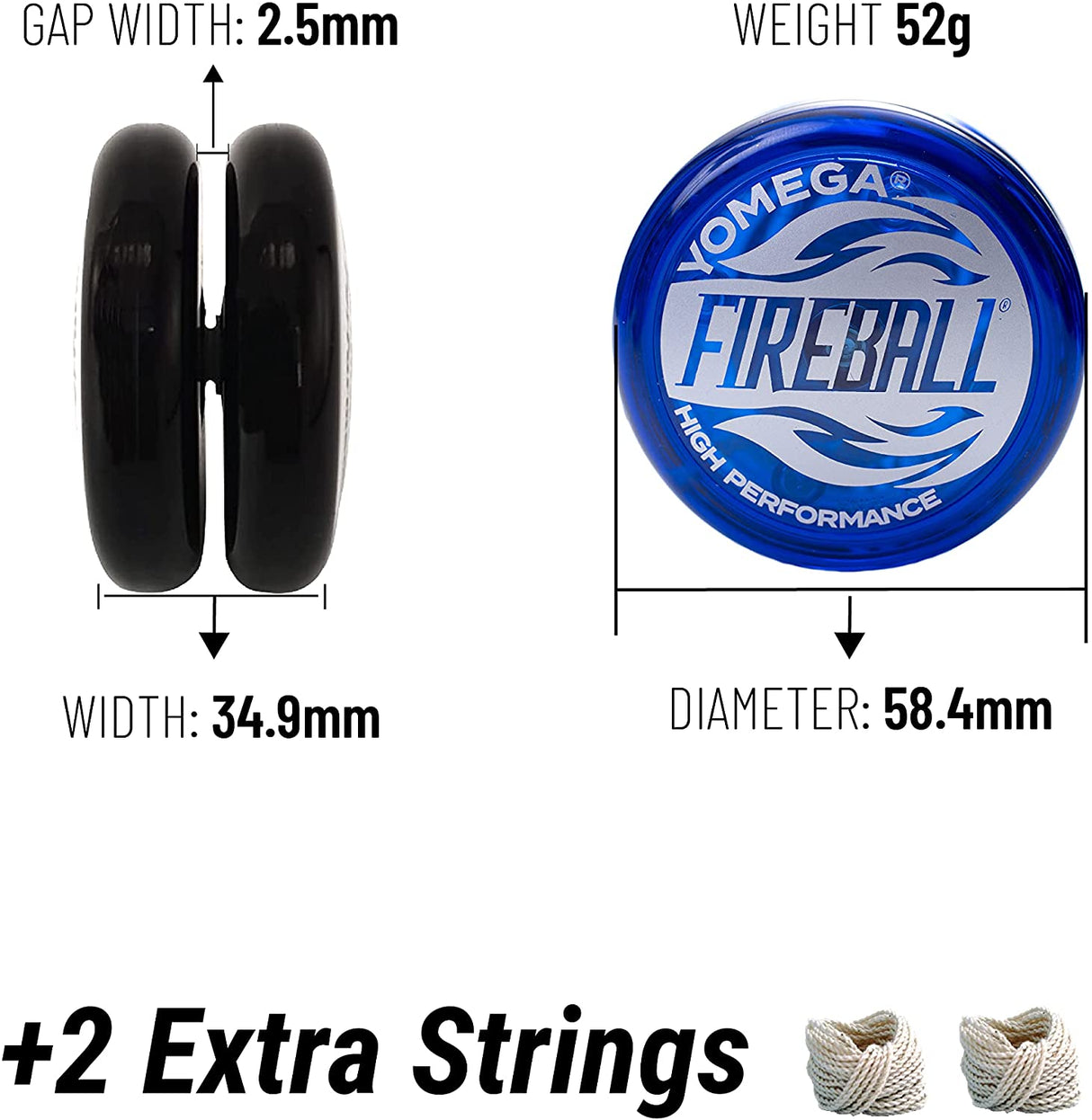 Yoyo | Fireball blue high-performance yoyo with 2.5mm gap, 58.4mm diameter, and extra strings for advanced tricks.