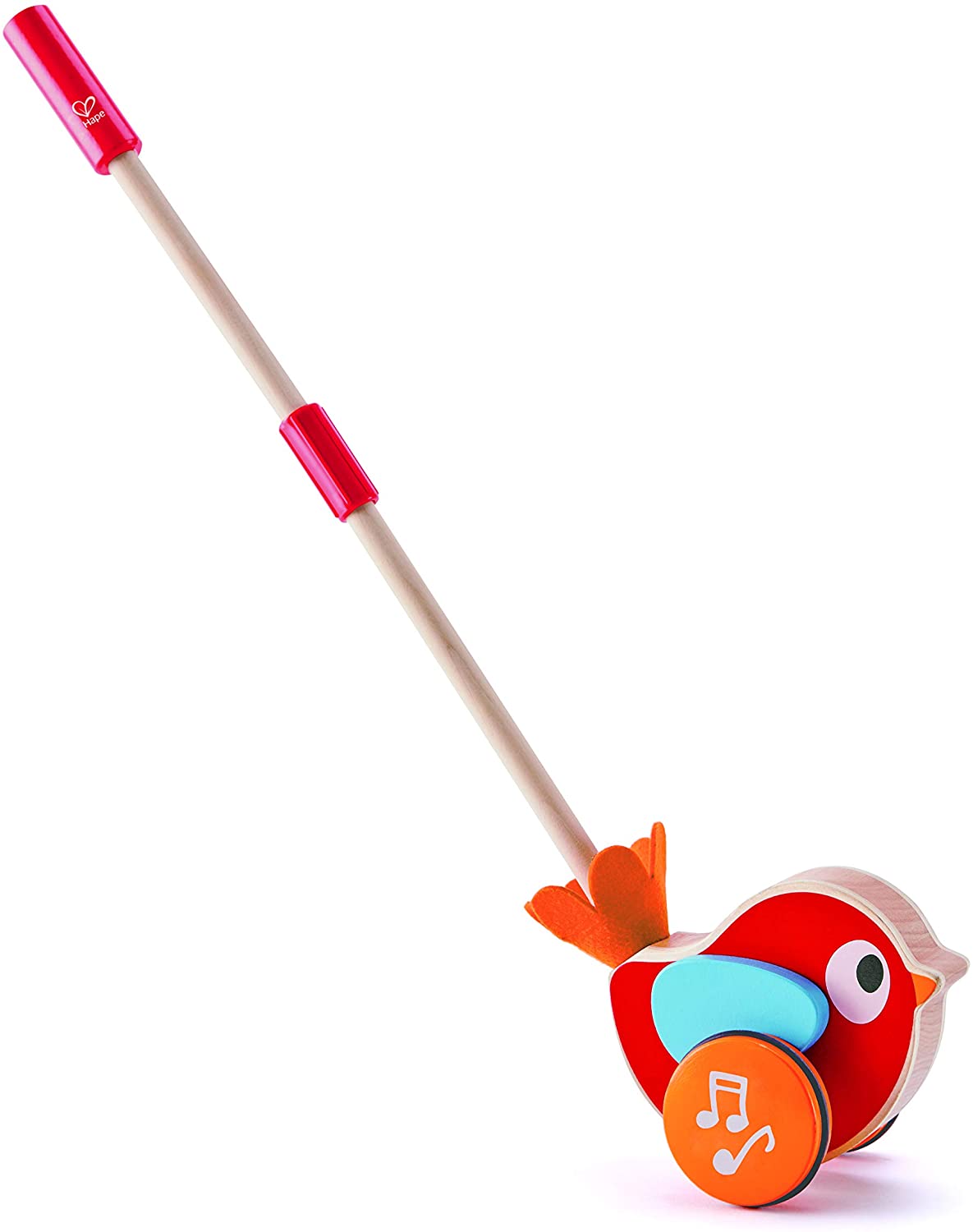 Musical Bird Push Toy with detachable stick and rubber-rimmed wheels, designed to help toddlers learn to walk.