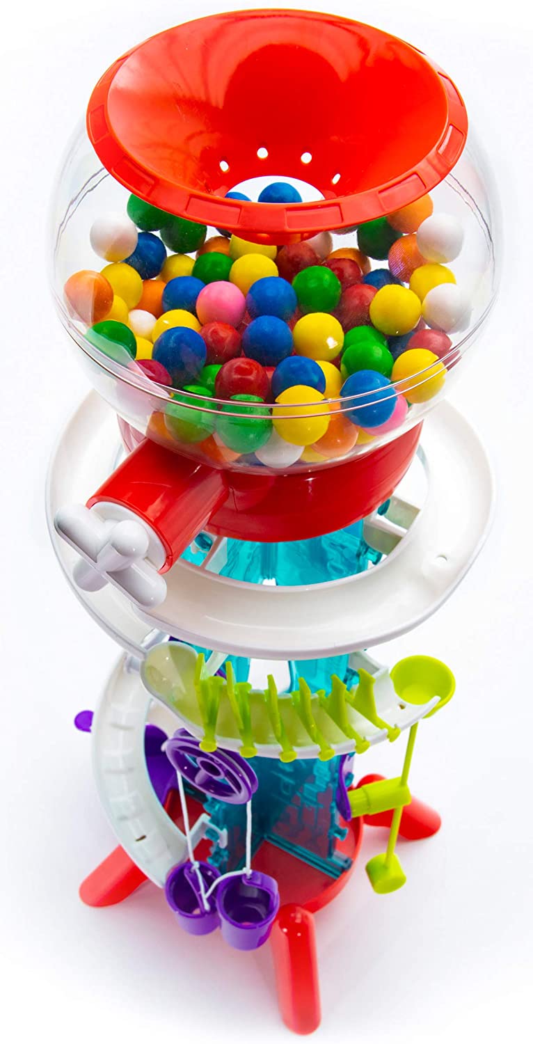 Colorful gumballs in clear globe with red top and white handle on the Gumball Machine Maker toy.