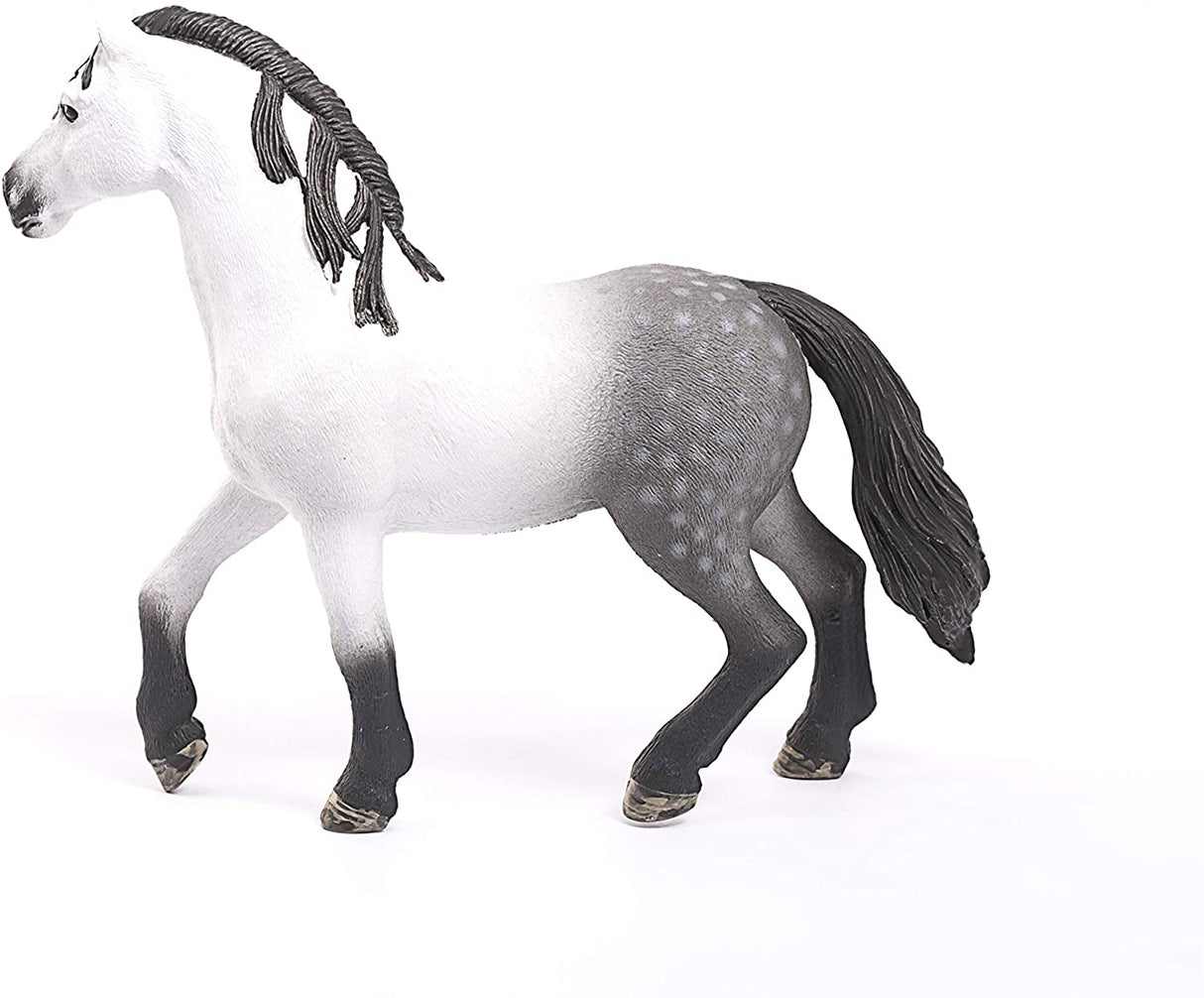 Andalusian Horse Stallion figurine with braided mane, detailed gray and white coat, standing on white background.