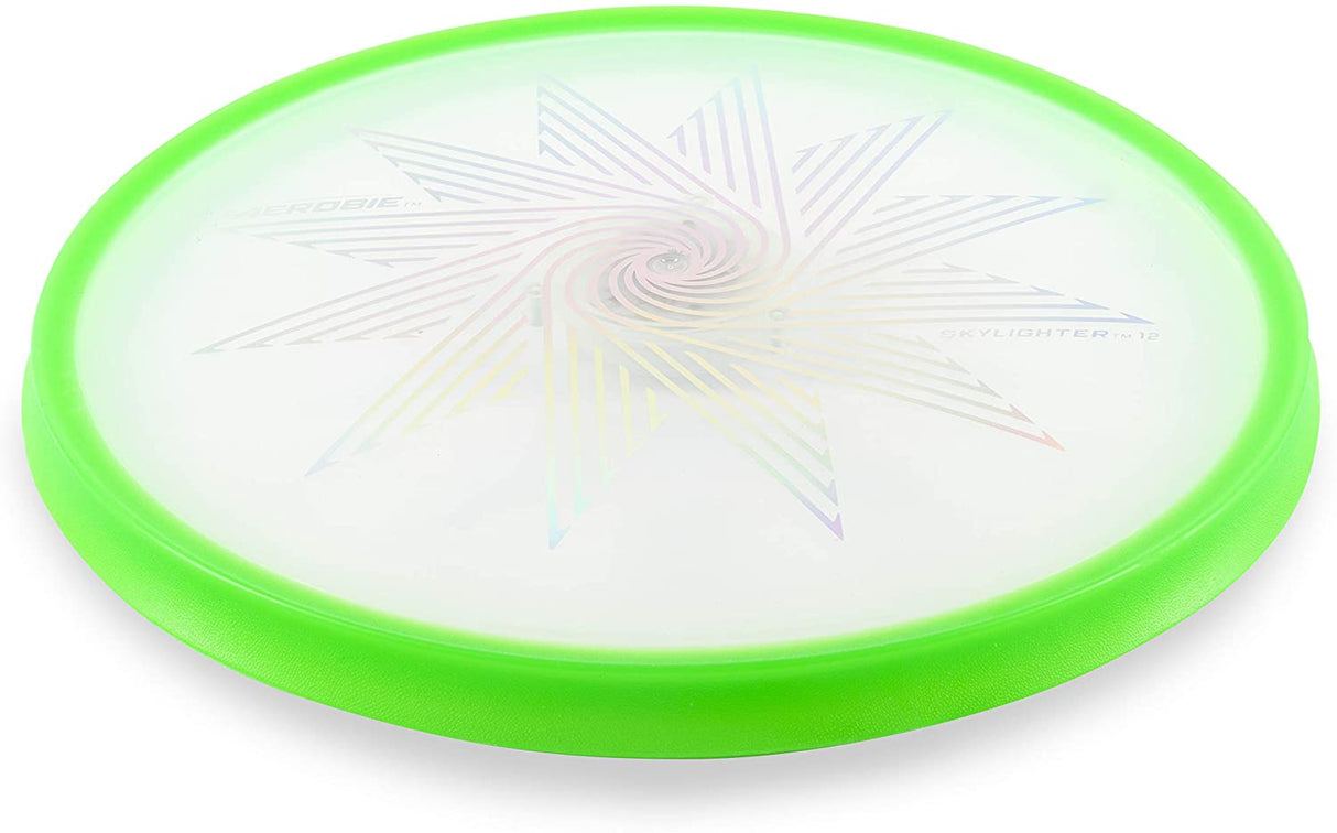 Aerobie Skylighter flying disc with green cushioned edge and illuminated design, perfect for night throws.