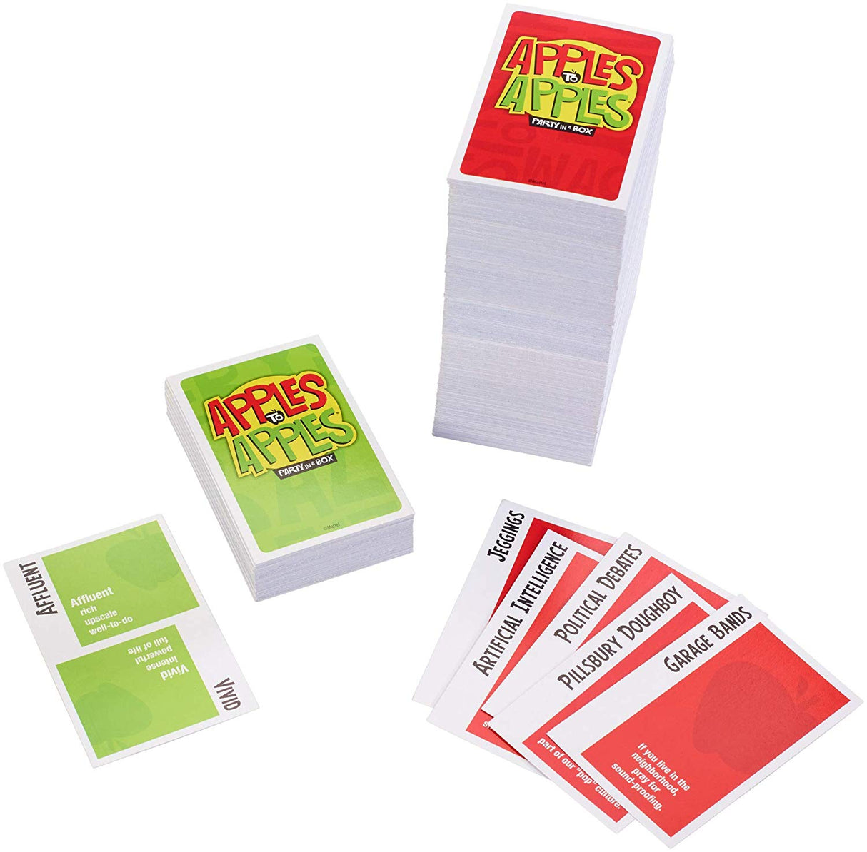 Apples to Apples card game showing red Things cards and green Description cards in stacks and spread out.