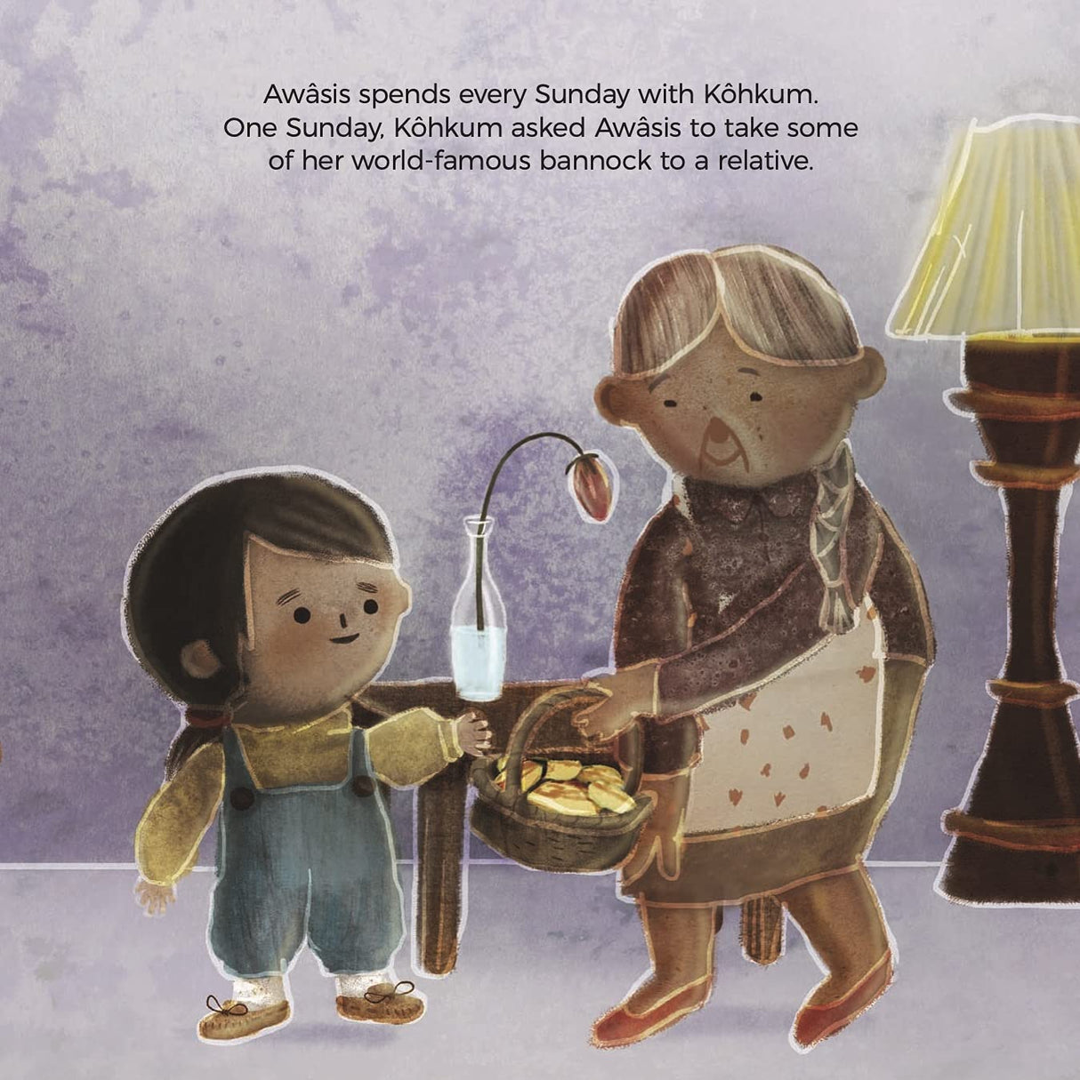 Illustration from Awasis and the World Famous Bannock showing Awâsis receiving bannock from Kôhkum indoors.