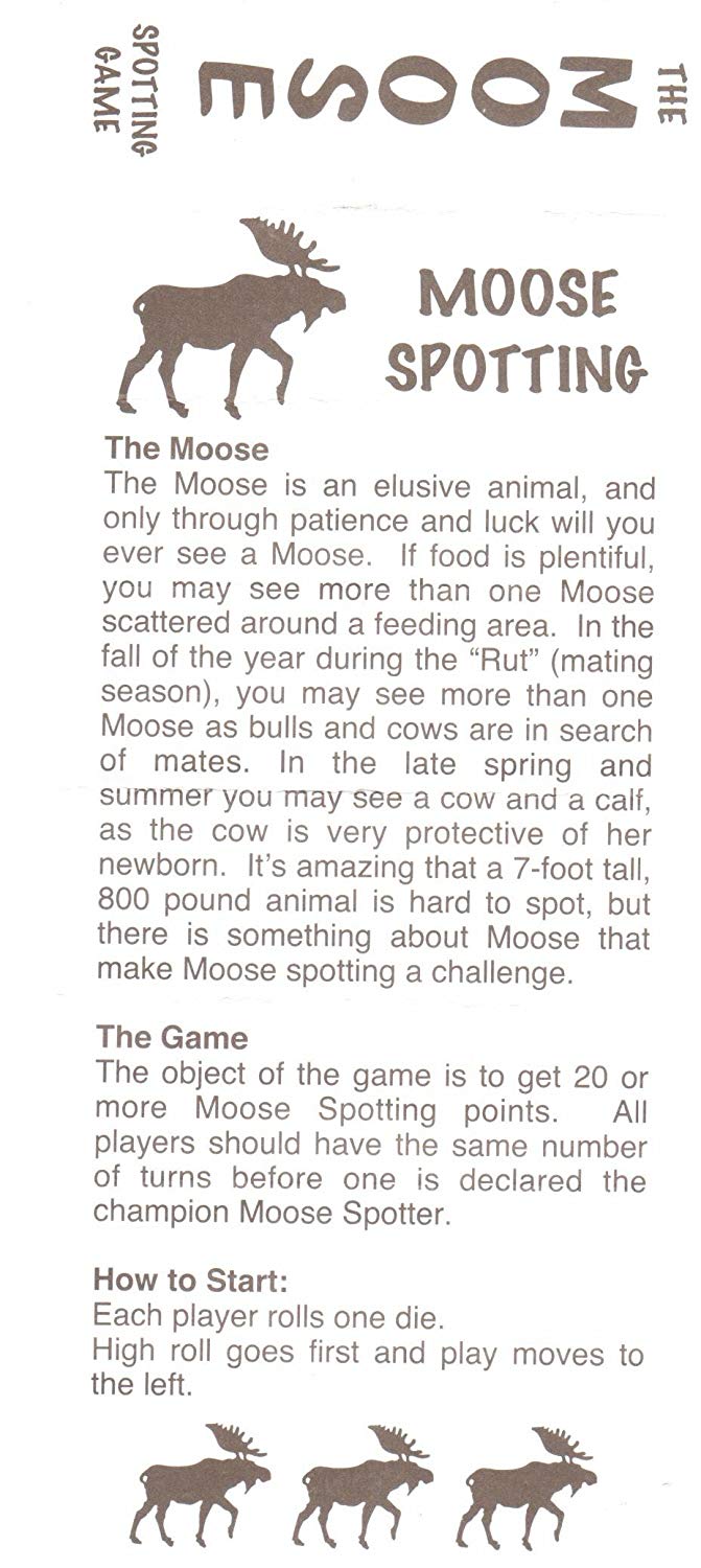 Maine Moose Dice Game instructions describing moose spotting rules and game objectives for family fun.