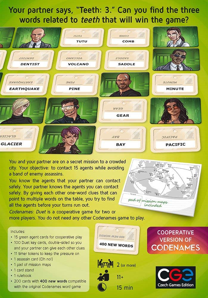 Back of Codenames: Duet box showing gameplay instructions, word cards, and mission map for two-player cooperative play.