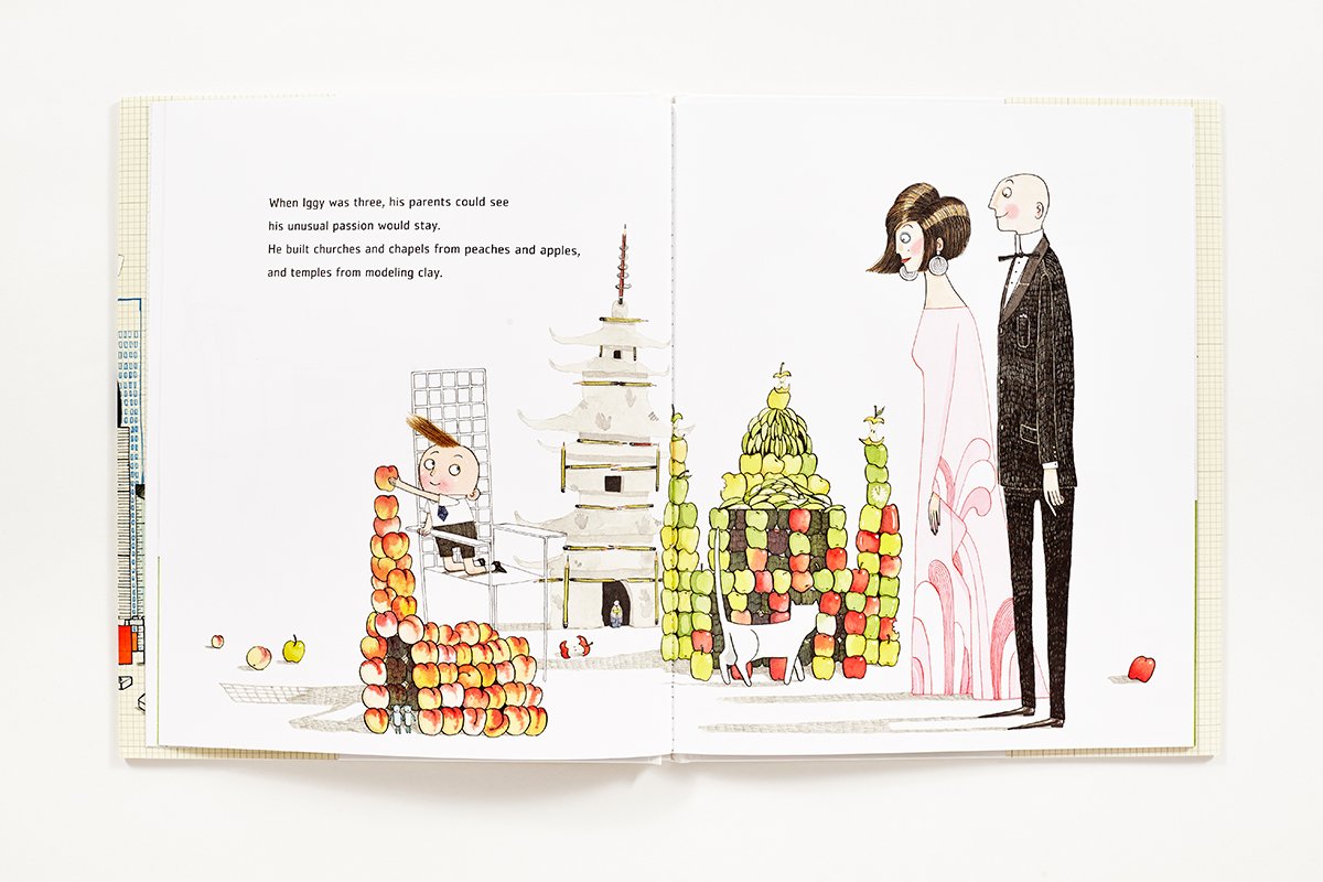 Open book showing an illustration from Iggy Peck, Architect with colorful fruit-built structures and two adults observing.