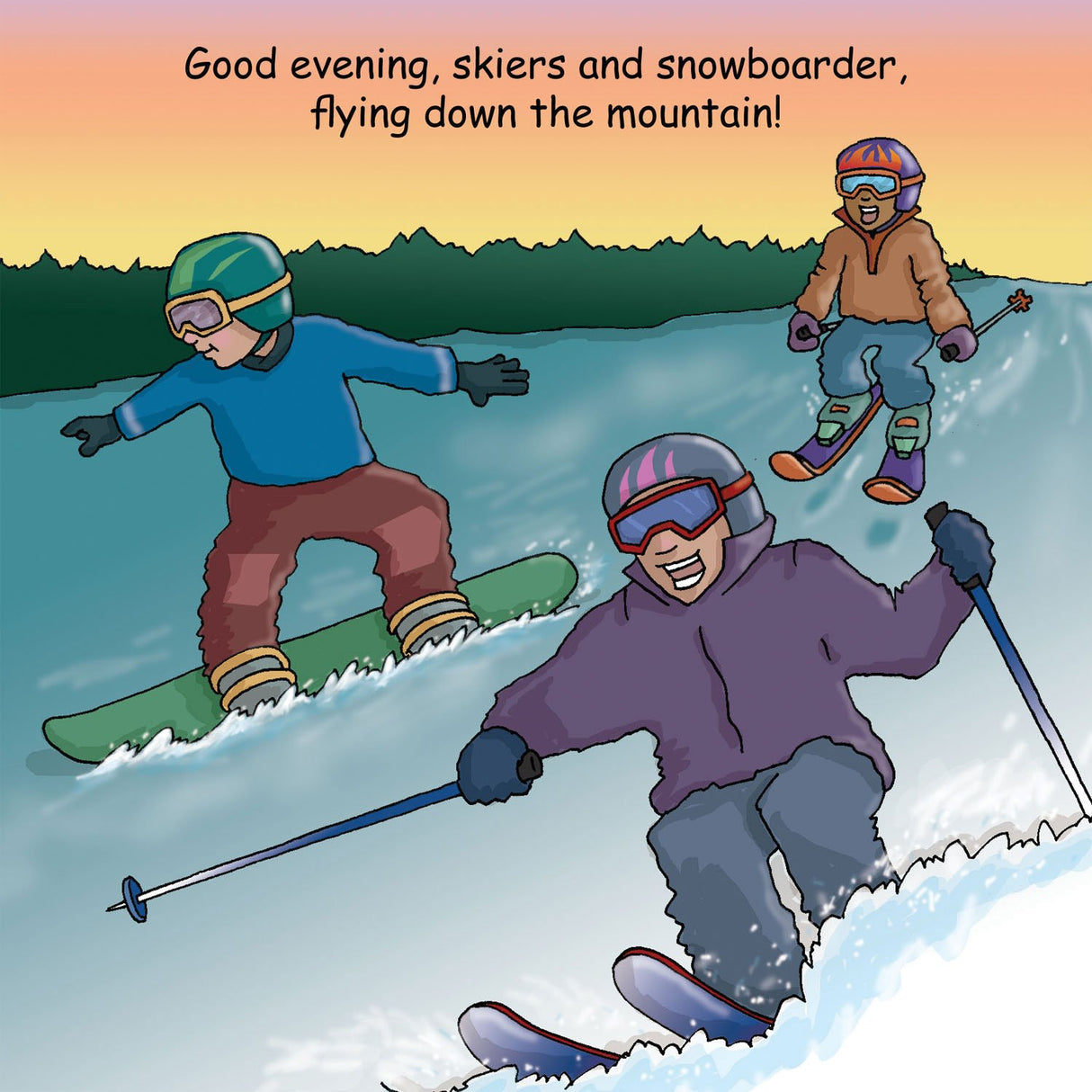 Good Night New Hampshire board book illustration of skiers and snowboarder enjoying mountain slopes at sunset.