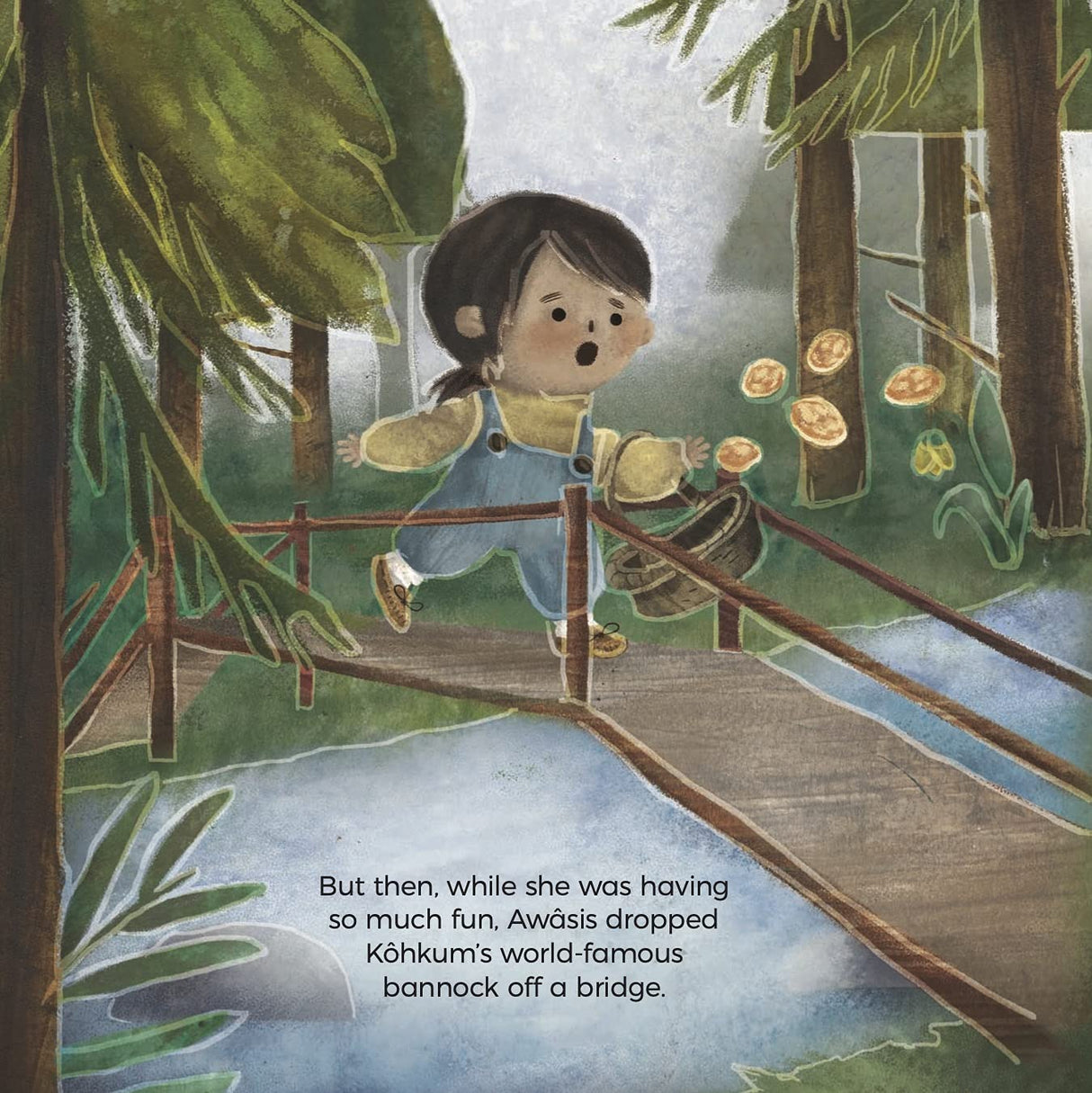 Illustration of Awâsis dropping Kôhkum’s world-famous bannock off a bridge from Awasis and the World Famous Bannock.