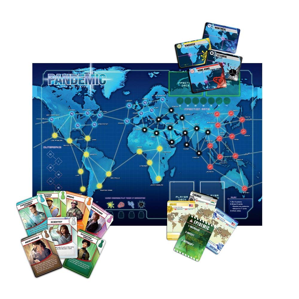 Pandemic board game with world map, disease markers, character and epidemic cards for cooperative strategy play.