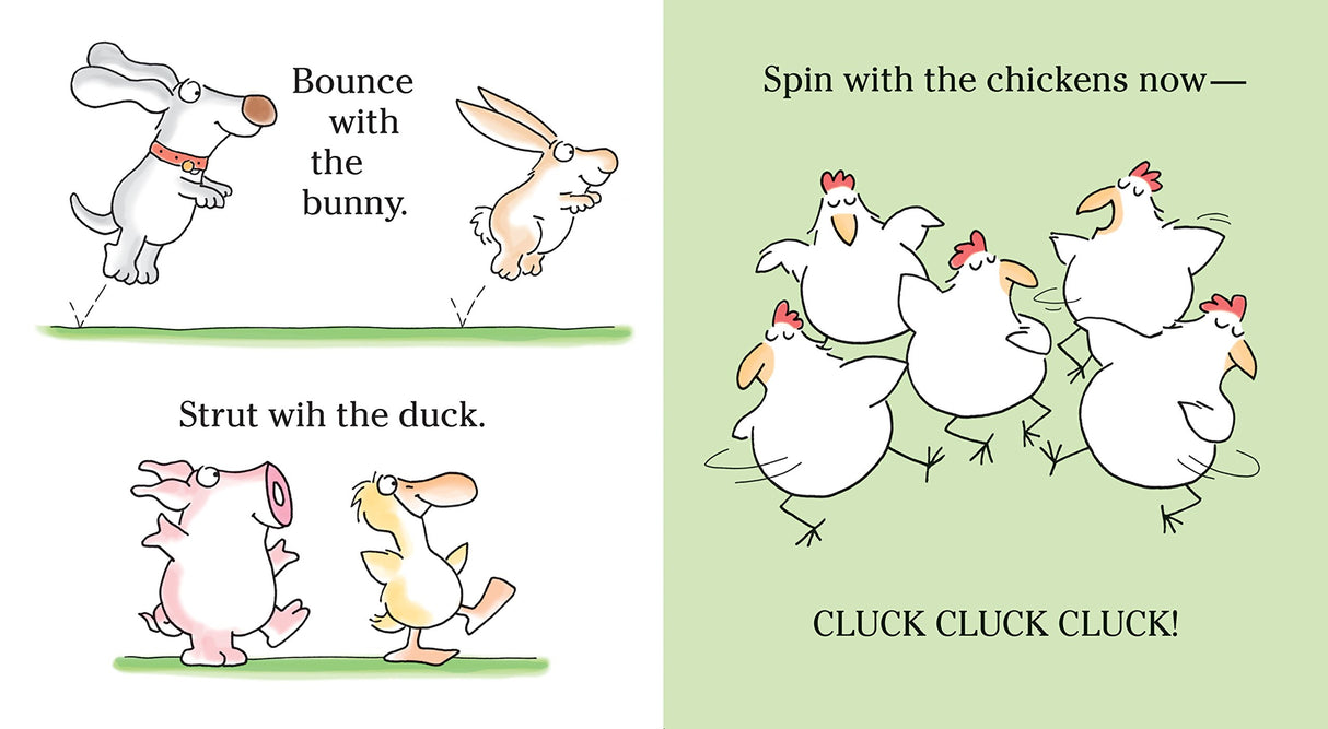Barnyard Dance! board book pages showing dancing bunny, duck, pig, and chickens in playful barnyard scenes.