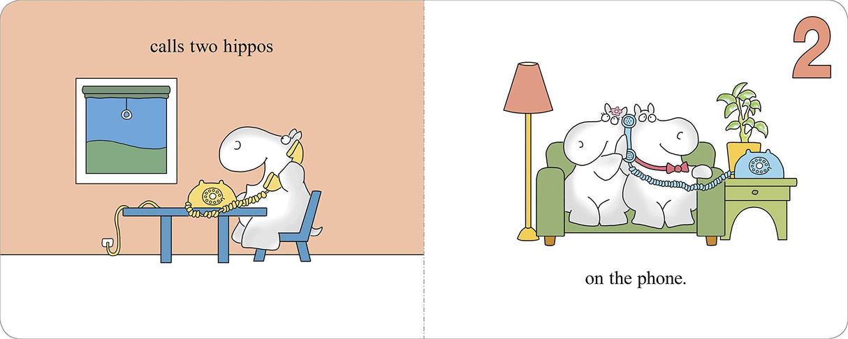 Hippos Go Beserk! board book illustration of hippos on the phone counting two in a cozy living room.