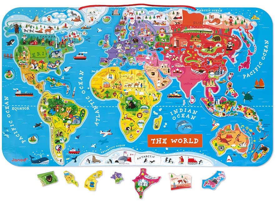 World Magnetic Map showing colorful continents and oceans with illustrated country magnets for educational fun.