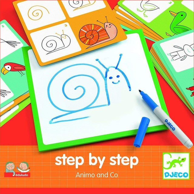 Step by Step Animo and Co drawing set with illustrated cards, dry wipe board, and pen for learning animals.