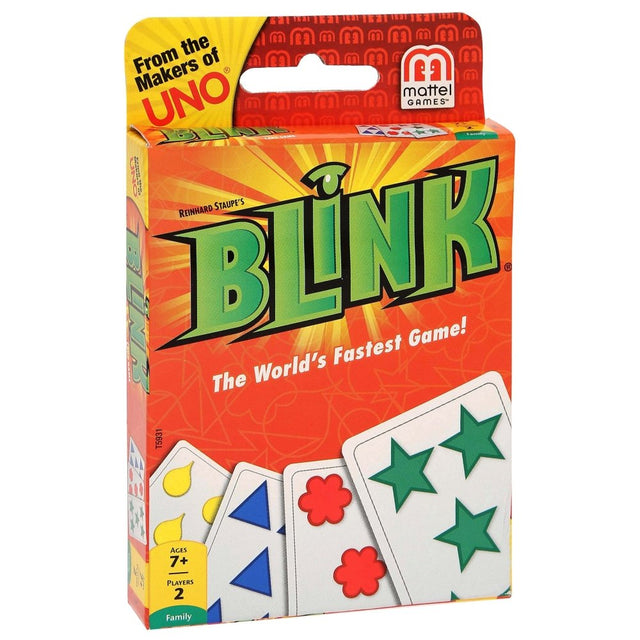 Blink card game by Mattel with colorful cards featuring shapes, stars, and numbers for fast-paced two-player fun.