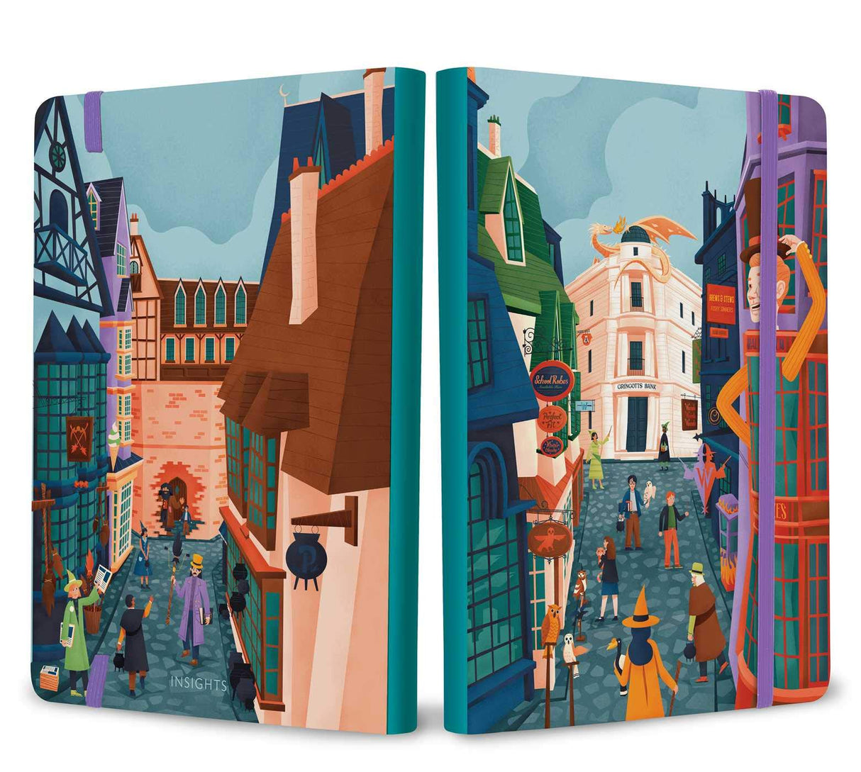 Exploring Diagon Alley Notebook showing colorful whimsical street artwork with wizard characters in a magical setting.