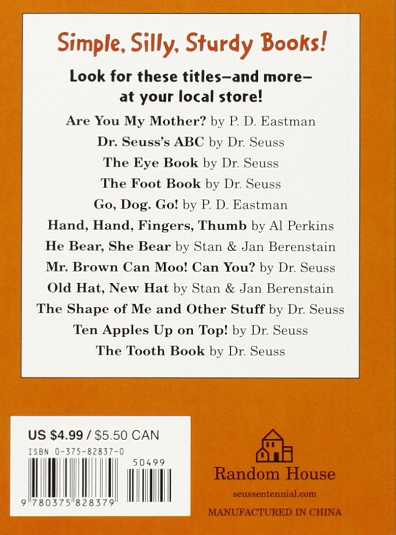 Back cover of Hop on Pop showing other simple, silly, sturdy book titles and price information.