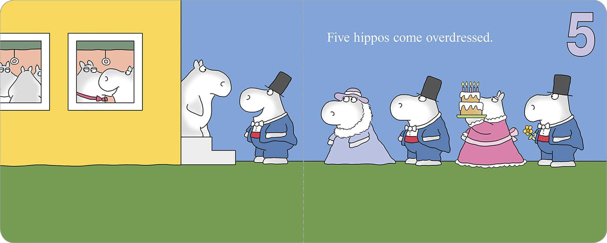 Hippos Go Beserk! board book page showing five hippos dressed up for a counting party, ages 2-5.