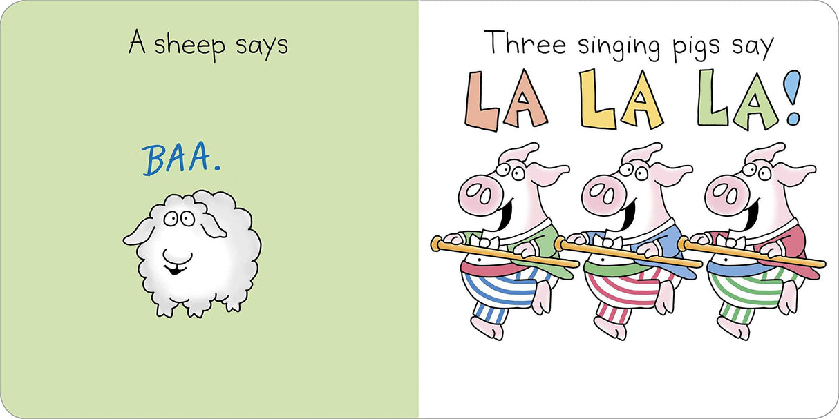 Moo Baa La La La features a sheep saying "BAA" and three pigs singing "LA LA LA" in colorful outfits.