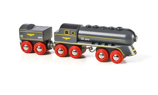 Speedy Bullet Train wooden toy with black engine and coal tender wagon featuring bright red wheels for ages 3 and up.