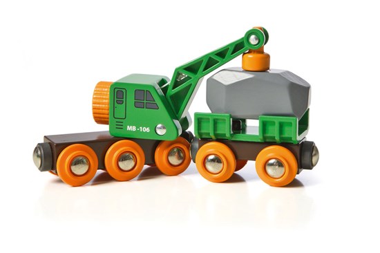 Clever Crane Wagon toy for railway with green crane lifting a gray rock load on orange wheels for ages 3+