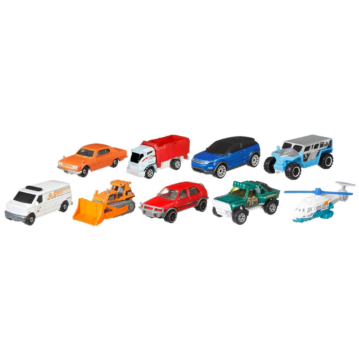 Matchbox Cars 9pk featuring nine detailed metal vehicles including cars, trucks, and a helicopter for kids aged 3 and up.
