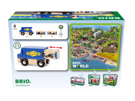 Delivery Truck toy with blue truck, wooden goods cargo, and delivery spot sign for creative play.
