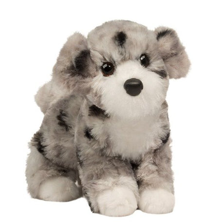Aussie Doodle Miles plush toy with soft gray and white fur, amber eyes, and a playful standing pose.