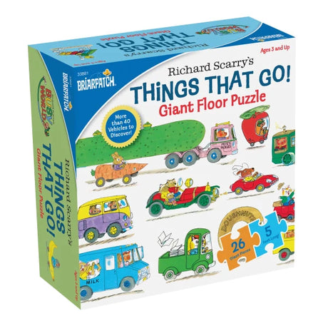 26pc Things That Go Puzzle featuring 26 large pieces and over 40 vehicles in a giant 5-foot floor puzzle for kids.