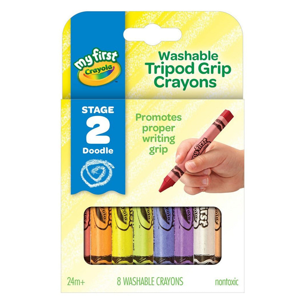 Washable Tripod Crayons pack with 8 colors promotes proper writing grip for toddlers 24 months and up, easy to hold and non-toxic.